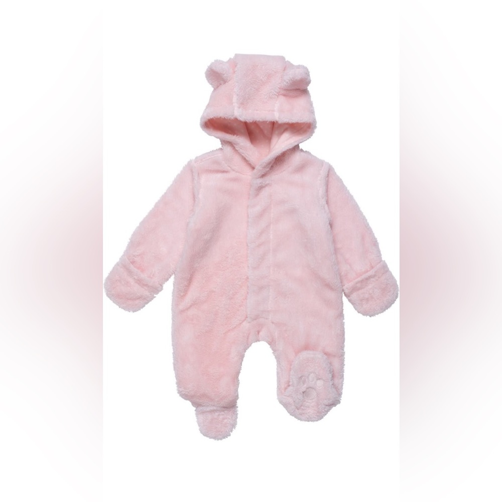 hooded magnetic-closure footie in plush fleece with adorable embroidered ‘paws’